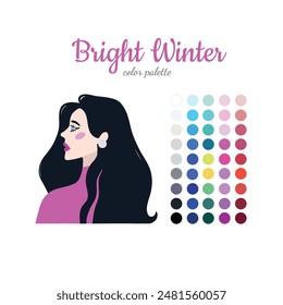 Análisis de color estacional. Guía de color para estilista, paleta para tipo Invierno. Retrato de una niña en una paleta de colores estacionales. Ilustración vectorial, fácil de cambiar de color