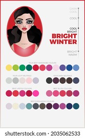 Seasonal color analysis palette for Bright Winter vector chart with arranged swatches. Cool coloring type for personal image making. Includes swatches of coordinated fashion industry colors.