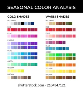 Seasonal Color Analysis Color Palette with Cold and Warm Shades, Neutrals, Red, Pink, Purple, Blue, Green, Orange, Yellow and Brown Color Swatches