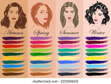 Seasonal color analysis. Set of vector hand drawn girls with different types of female appearance. Best colors for Autumn, Spring, Summer, Winter