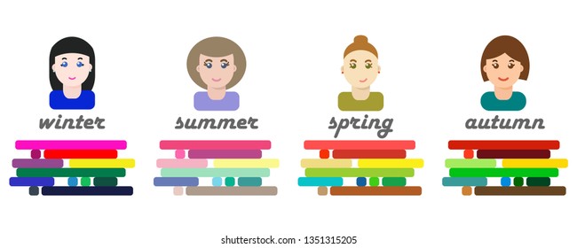 Seasonal color analysis. Set of vector girls with different types of female appearance. Best colors for Autumn, Spring, Summer, Winter