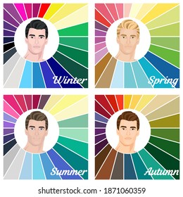 Seasonal color analysis. Set of vector men with different types of male appearance. Best colors for Autumn, Spring, Summer, Winter