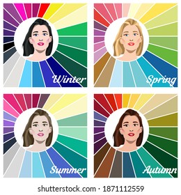 Seasonal color analysis. Set of vector women with different types of female appearance. Best colors for Autumn, Spring, Summer, Winter