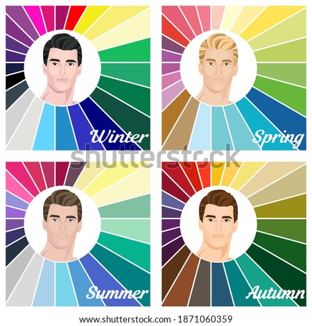 Seasonal color analysis. Set of vector men with different types of male appearance. Best colors for Autumn, Spring, Summer, Winter