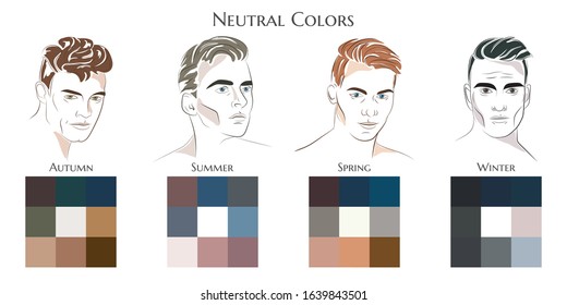 Seasonal color analysis. Vector hand drawn men with different types of male appearance. Set of palettes with neutral colors for Winter, Spring, Summer, Autumn