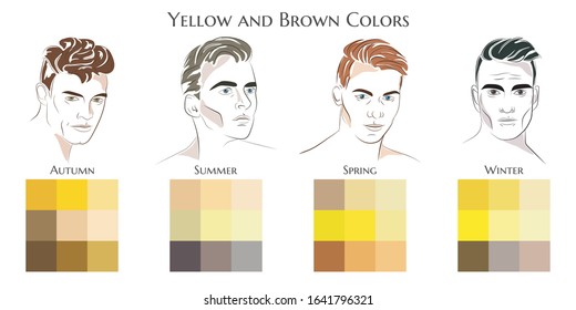 Seasonal color analysis. Vector hand drawn men with different types of male appearance. Set of palettes with yellow and brown colors for Winter, Spring, Summer, Autumn