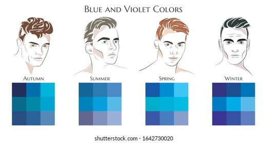 Seasonal color analysis. Vector hand drawn men with different types of male appearance. Set of palettes with blue and violet colors for Winter, Spring, Summer, Autumn