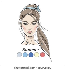 Seasonal color type for women skin beauty set element: Summer. Young female face portrait, make up shades matching each type. Vector illustration. Color template.