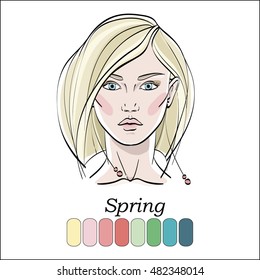 Seasonal color type for women skin beauty set element: Spring. Young female face portrait, make up shades matching each type. Vector illustration. Color template.

