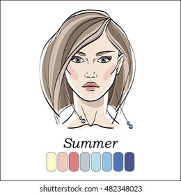 Seasonal color type for women skin beauty set element: Summer. Young female face portrait, make up shades matching each type. Vector illustration. Color template.