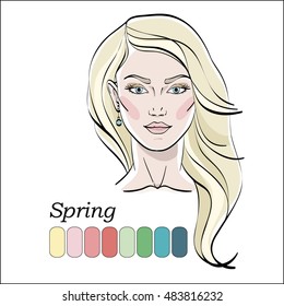 Seasonal color type for women skin beauty set element: Spring. Young female face portrait, make up shades matching each type. Vector illustration. Color template.