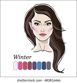 Seasonal color type for women skin beauty set element: Winter. Young female face portrait, make up shades matching each type. Vector illustration. Color template.