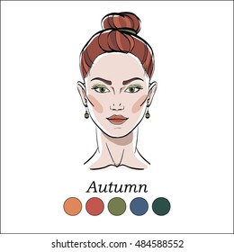 Seasonal color type for women skin beauty set element: Autumn. Young female face portrait, make up shades matching each type. Vector illustration. Color template.

