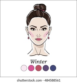 Seasonal color type for women skin beauty set element: Winter. Young female face portrait, make up shades matching each type. Vector illustration. Color template.