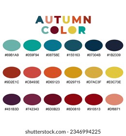 Seasonal color types with code for women. Autumn color swatches for clothing and makeup. Color Palette.