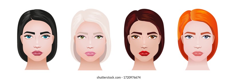 Seasonal color types for women skin and hair color. Template for beauty makeup.  Different types of girl's appearance, spring, summer, autumn and winter. Portrait of vector beautiful women fase.