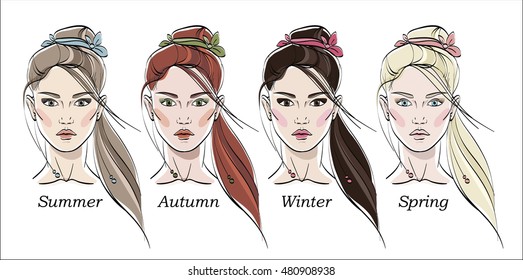 Seasonal color types for women skin beauty set: Summer, Autumn, Winter, Spring. Young female faces, make up shades matching each type. Vector illustration. 