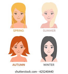 Seasonal color types of women. Young women faces with different skin, hair colors, hairstyles. Vector fashion illustration. 