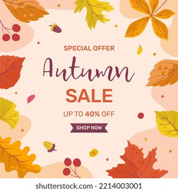 Seasonal colorful banner for the autumn sale in a frame of leaves. Autumn mood. Cartoon flat style. Vector illustration.