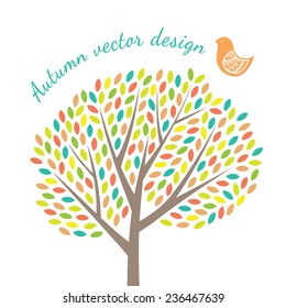 Seasonal colorful doodle illustration. Autumn tree vector design with bird