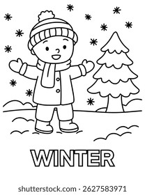 Seasonal coloring page with young boy wearing warm winter clothes, standing in the snow with trees and WINTER text, created for preschool or educational material