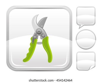 Seasonal concept vector icon with gardening equipment - pruner illustration for harvesting and farming. Blank button forms set - square, speaking bubble, circle, sticker
