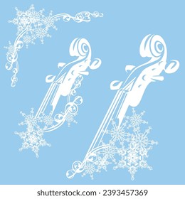 seasonal corner frame made of snowflakes with violin instrument - white vector silhouette for winter season classical music performance