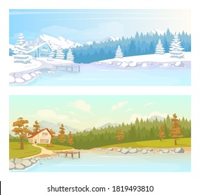 Seasonal countryside scenery flat color vector illustration set. Autumn scenery near lake. Cottage in wInter forest. Country climate 2D cartoon landscape with nature on background collection