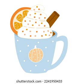 Seasonal cup with pumpkin spice latte with orange and cinammon isolated on white background, cozy autumn drinks, holiday mug