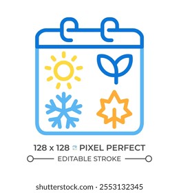 Seasonal cycle two color line icon. Summer. Sprout for spring. Snowflake for winter. Maple leaf for fall bicolor outline symbol. Duotone linear pictogram. Isolated illustration. Editable stroke