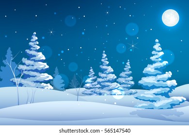 Seasonal decorative fairy night background with winter landscape snowy trees stars moon and falling snowflakes vector illustration