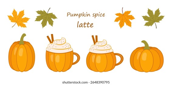Seasonal delight showcasing pumpkin spice latte with decorative leaves and pumpkins in autumn colors.