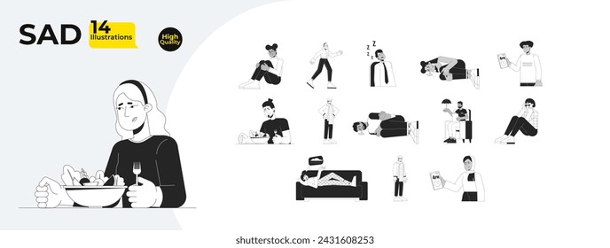 Seasonal depression black and white cartoon flat illustration bundle. Psychologist, tired people 2D lineart characters isolated. Anxiety, insomnia SAD monochrome vector outline image collection