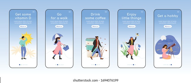 Seasonal depression prevention advices onboarding mobile app screen flat vector template. Walkthrough website steps with characters. UX, UI, GUI smartphone cartoon interface, case prints set