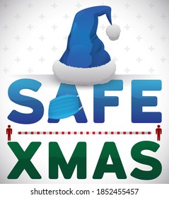 Seasonal design with blue Santa's hat and half mask over sign, promoting safe distancing during Xmas holidays.