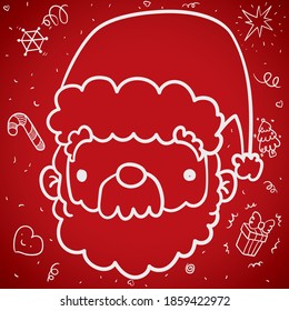 Seasonal design with cute Santa Claus face and iconic elements in doodle style for Xmas celebration: sugar staff, gift box, Christmas tree, glittering star, snowflake and hearts.