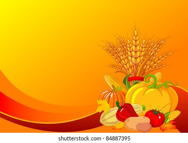 Seasonal design with plump pumpkins, wheat, vegetables and autumn leaves