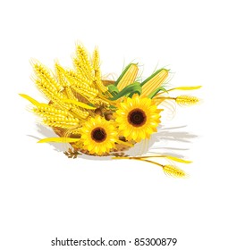 Seasonal design with wheat and sunflower in wicker baskets