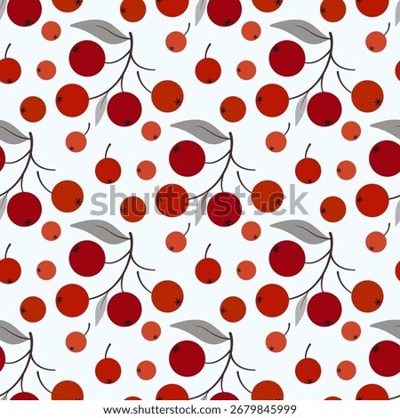 Seasonal diagonal seamless pattern of red berries. Winter floral ornament. Holiday decor of gray leaves and red berries on light gray background. Cold season design for your project.