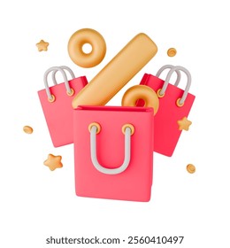 Seasonal discount 3D vector concept. Gold percent bags with flying red shopping bag, golden coins, stars around. Special sale gift present flayer. Realistic vector icon for sale Isolated on white.