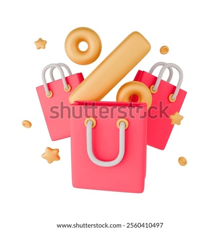 Seasonal discount 3D vector concept. Gold percent tags with flying red shopping bag, golden coins, stars around. Special sale gift present flayer. Realistic vector icon for sale Isolated on white.