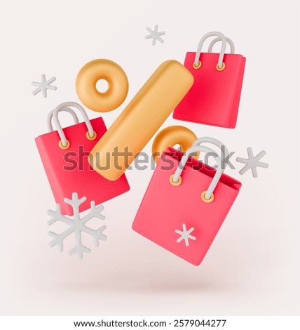 Seasonal discount 3D vector concept. Gold percent tags with flying red shopping bag, snowflakes around. Special sale gift present flayer. Realistic vector icon for winter sale, discount, shopping