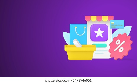 Seasonal discount sale at grocery supermarket with shopping basket credit card and percentage tag 3d icon vector illustration. Black friday commercial merchandise promotion retail logotype isolated