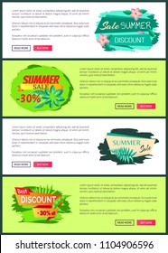 Seasonal discount web poster exotic leaves. Big summer sale vector online banners set. Summertime off flyers with push buttons promo tropical pages