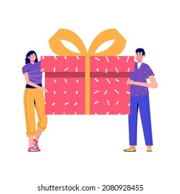 Seasonal discount website sale banner with people holding big present. Promotion of online store loyalty program, bonus, reward, discount card, coupon or voucher. Modern flat vector for advertisement