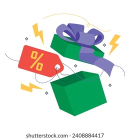 Seasonal discounts. Price reductions, special holiday offers. Gift box, price tag with percent sign, lightning bolts and graphic elements. Vector graphic.