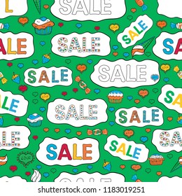 Seasonal discounts set. Lettering. Picture in green, white and black colors. Sale. Seamless pattern. Ornate vector colorful elements frame.