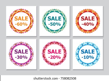 Seasonal discounts set. Sale. Ornate vector colorful floral round frame.
