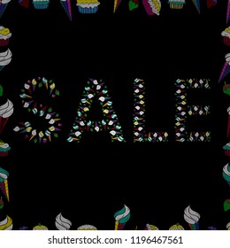 Seasonal discounts set. Sale. Seamless. Ornate vector colorful frame. Illustration in black, white and green colors.