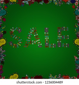 Seasonal discounts set. Seamless pattern. Picture in green, red and black colors. Lettering. Sale. Ornate vector colorful elements frame.